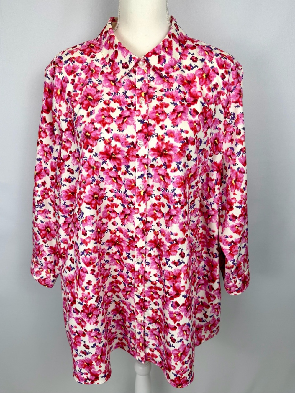 Lands’ End No Iron Supima Cotton Pink Floral Button Up Shirt 3/4 Sleeves 26W